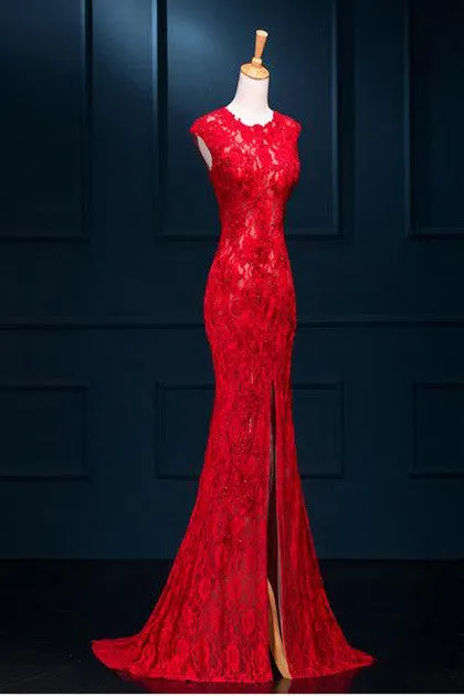 Long See Through Split Mermaid Sexy Red Lace Prom Dresses Evening Dress SVD310