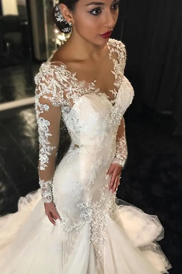 Long Sleeves Mermaid Tulle Sexy Long Ivory Wedding Dress/Bridal Gown OK198