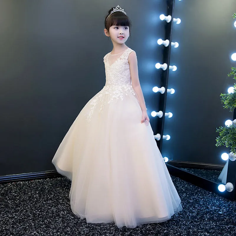 Lovely Ivory Tulle Long Flower Girl Dress with Lace, Cute Flower Girl Dresses