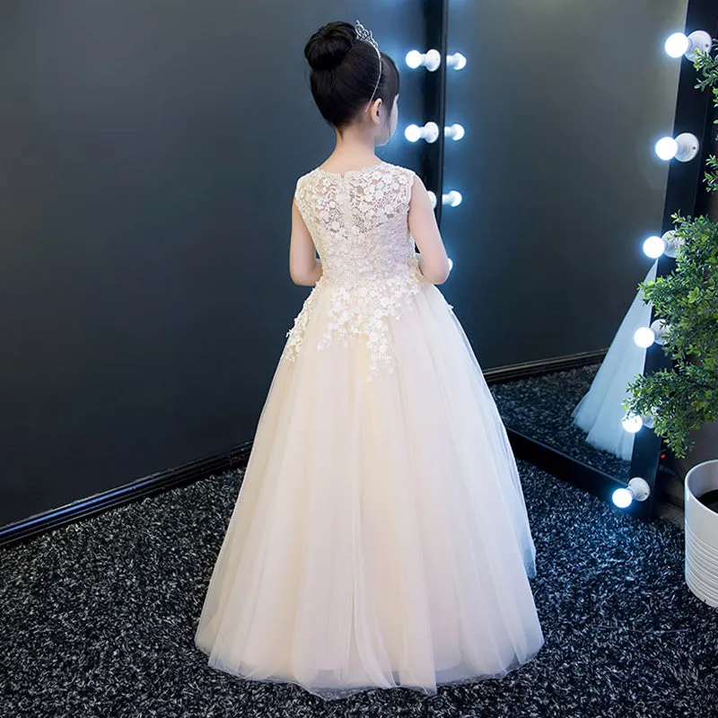 Lovely Ivory Tulle Long Flower Girl Dress with Lace, Cute Flower Girl Dresses
