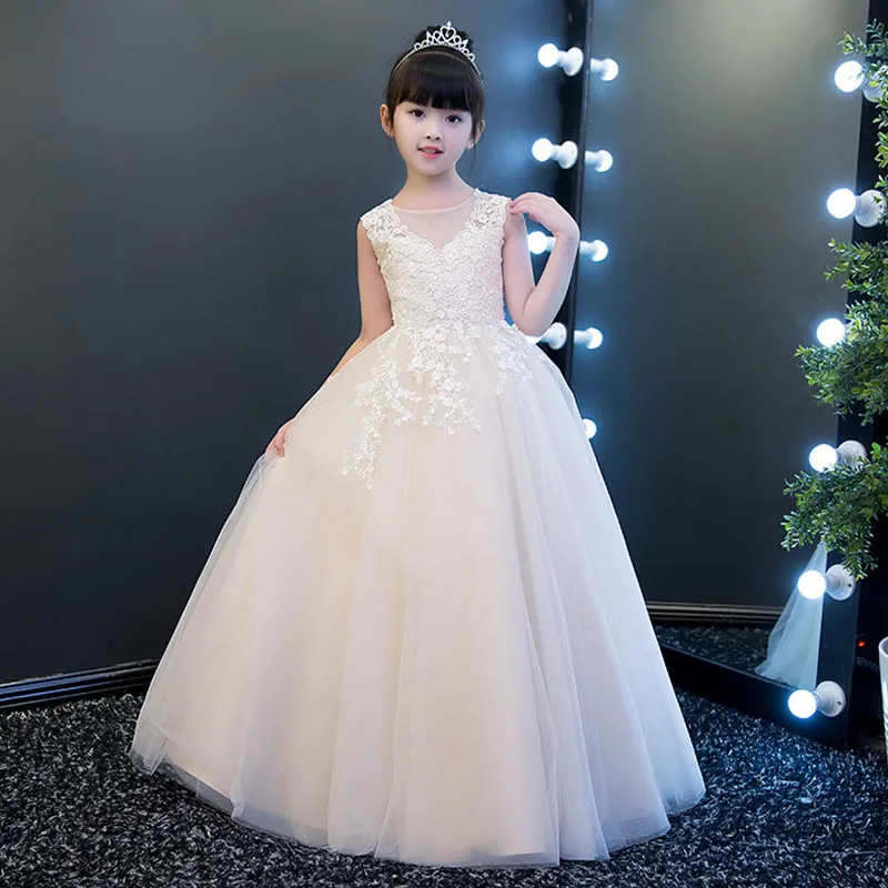 Lovely Ivory Tulle Long Flower Girl Dress with Lace, Cute Flower Girl Dresses
