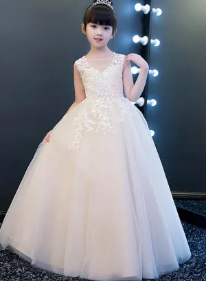 Lovely Ivory Tulle Long Flower Girl Dress with Lace, Cute Flower Girl Dresses
