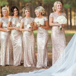 Mermaid Cap Sleeve Bridesmaid DressRose Gold Sequin Dress,Cowl Back Bridesmaid Dress,Round Neck Bridesmaid Dress,Long Sequin Mermaid Bridesmaid Dress
