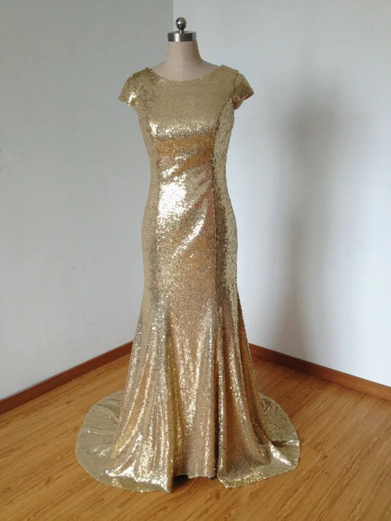 Mermaid Cap Sleeve Bridesmaid DressRose Gold Sequin Dress,Cowl Back Bridesmaid Dress,Round Neck Bridesmaid Dress,Long Sequin Mermaid Bridesmaid Dress