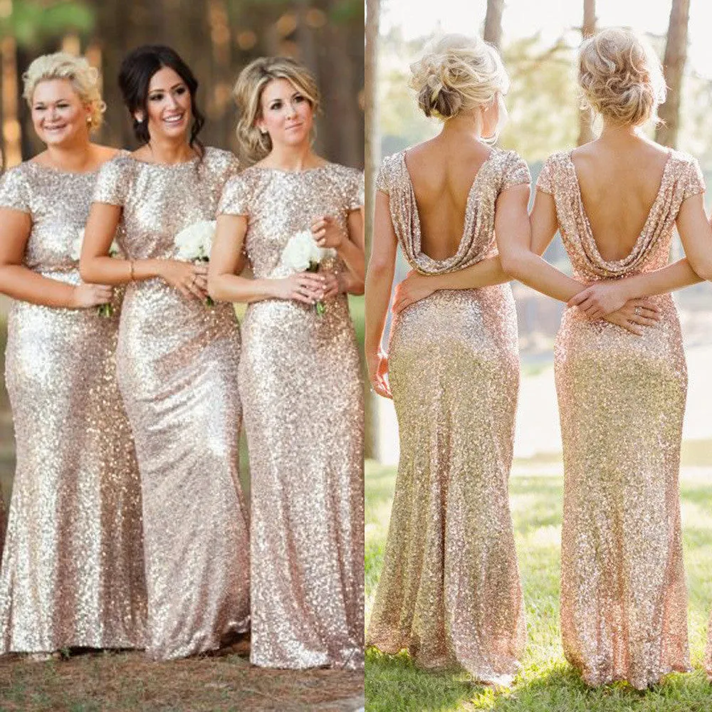 Mermaid Cap Sleeve Bridesmaid DressRose Gold Sequin Dress,Cowl Back Bridesmaid Dress,Round Neck Bridesmaid Dress,Long Sequin Mermaid Bridesmaid Dress