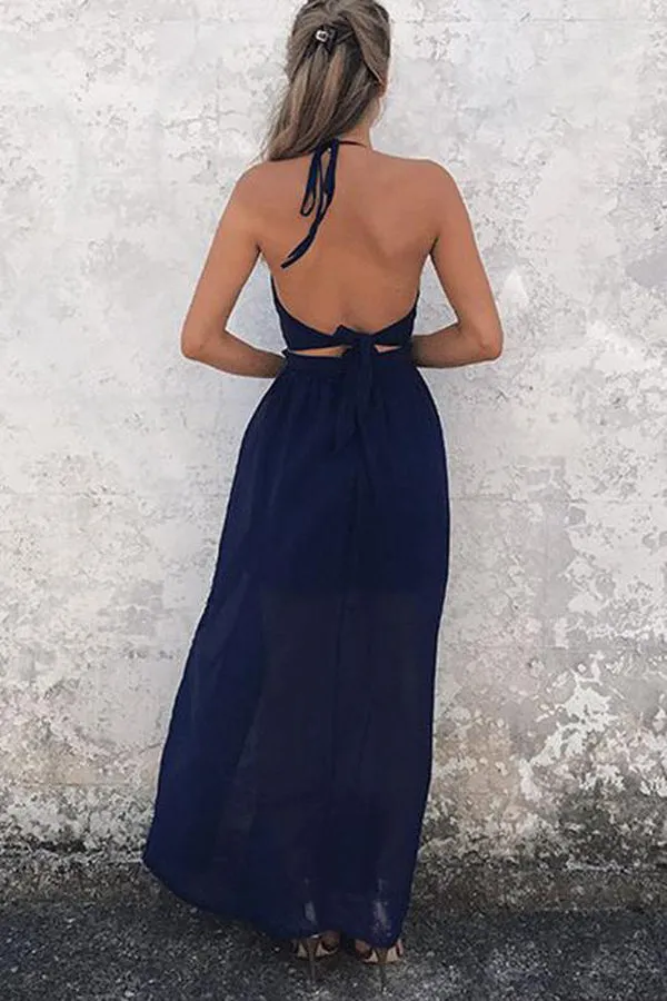 Navy-Blue Chiffon A-Line Halter Backless Prom Dresses, V-neck Prom Gowns, M284