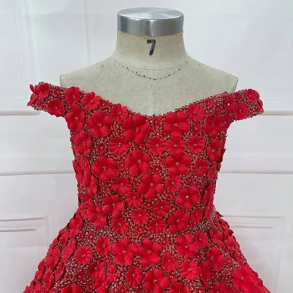 Off Shoulder Lace Flower Littel Child Red Pageant Gown