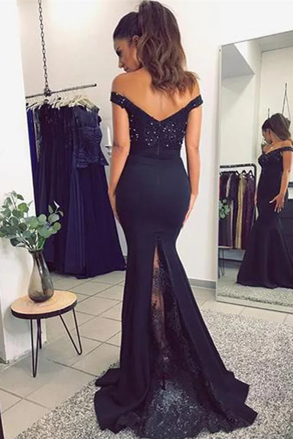 Off Shoulder Mermaid V-neck Prom Dresses with Lace Appliques Evening Gowns, M187