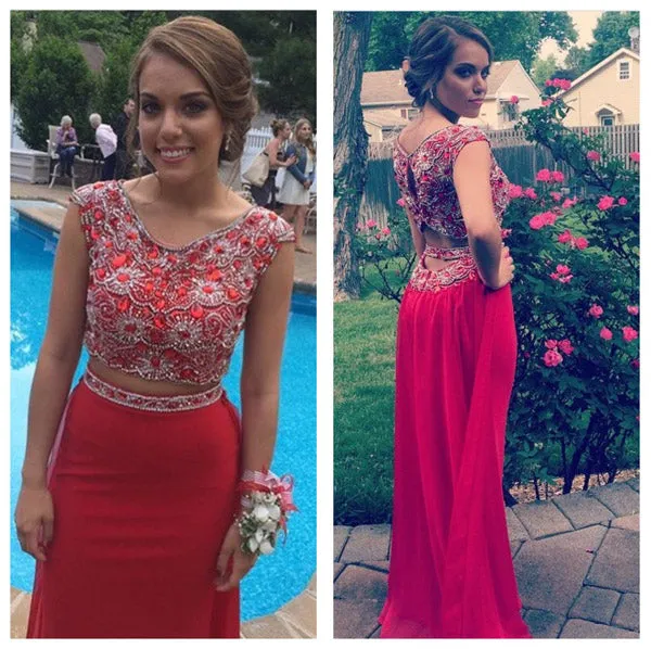 Red Jersey Two Pieces Mermaid Long Prom Dresses with Beading, Formal Dress, M165