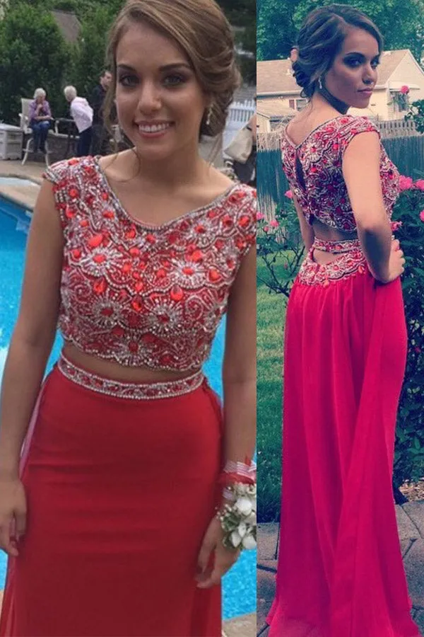 Red Jersey Two Pieces Mermaid Long Prom Dresses with Beading, Formal Dress, M165