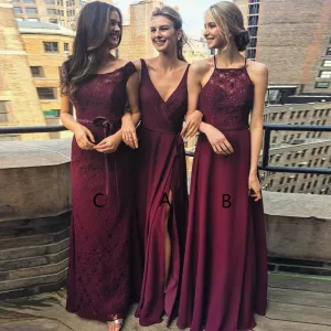 Sexy A-Line V-Neck Maxi Prom Evening Party Dress Floor-Length Grape Chiffon Mismatch Bridesmaid Dress wtih Split