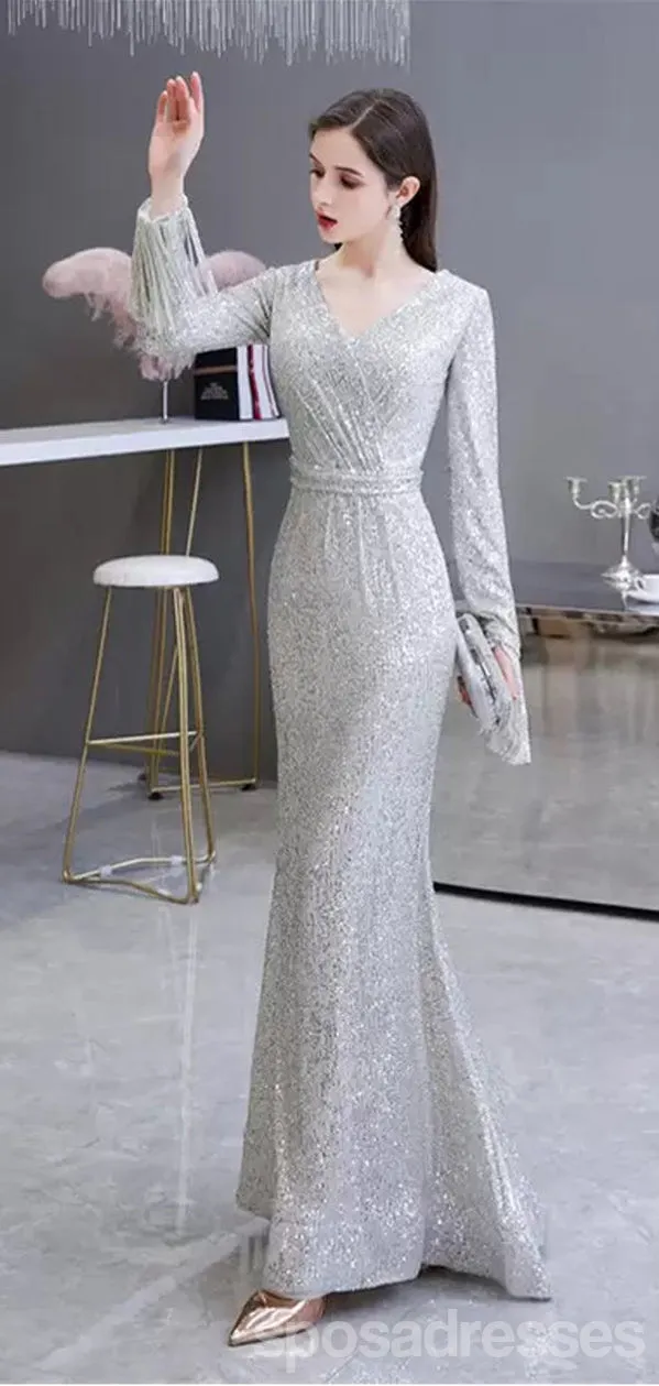 Sexy Silver Mermaid Long Sleeves V-neck Cheap Prom Dresses Online,12952