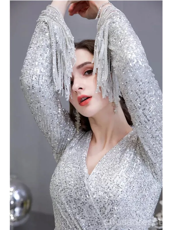 Sexy Silver Mermaid Long Sleeves V-neck Cheap Prom Dresses Online,12952
