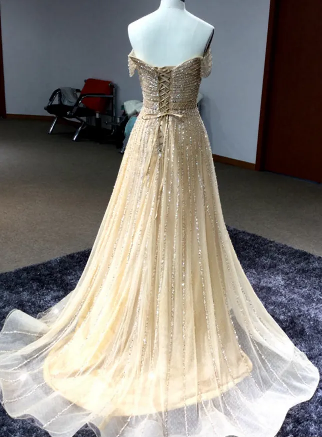Shinny Off Shoulder Gold Evening/Prom Dress ,Floor Long Sparkly Prom Dress,Long Prom/Evening Dress New Fashion