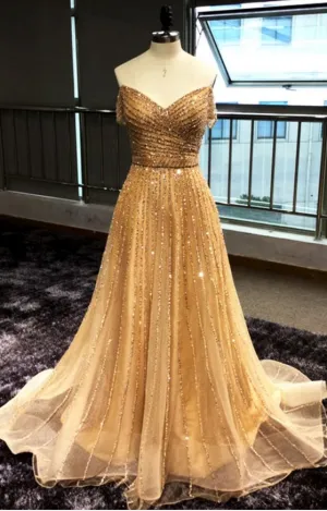 Shinny Off Shoulder Gold Evening/Prom Dress ,Floor Long Sparkly Prom Dress,Long Prom/Evening Dress New Fashion