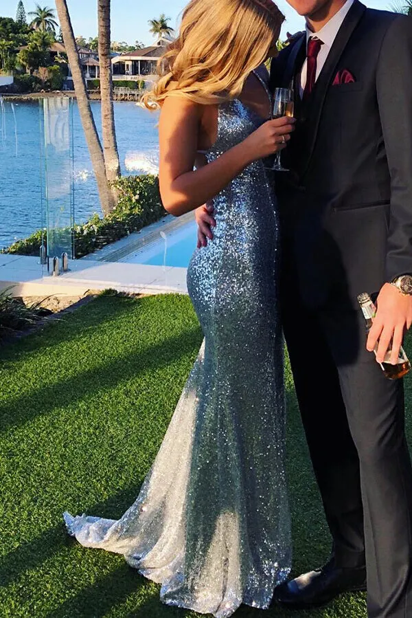 Silver Sparkly Sequins Mermaid V-neck Spaghetti Straps Prom Dress Party Dresses, SP499