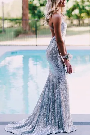 Silver Sparkly Sequins Mermaid V-neck Spaghetti Straps Prom Dress Party Dresses, SP499