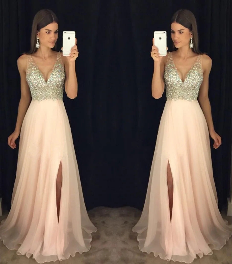 Sparkly Crystal Beaded V Neck Open Back Chiffon Prom Dresses With Left Slit, M7