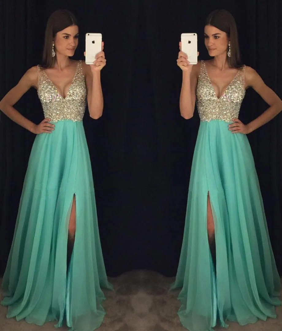 Sparkly Crystal Beaded V Neck Open Back Chiffon Prom Dresses With Left Slit, M7