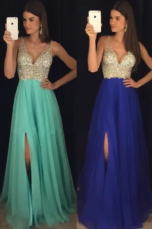 Sparkly Crystal Beaded V Neck Open Back Chiffon Prom Dresses With Left Slit, M7