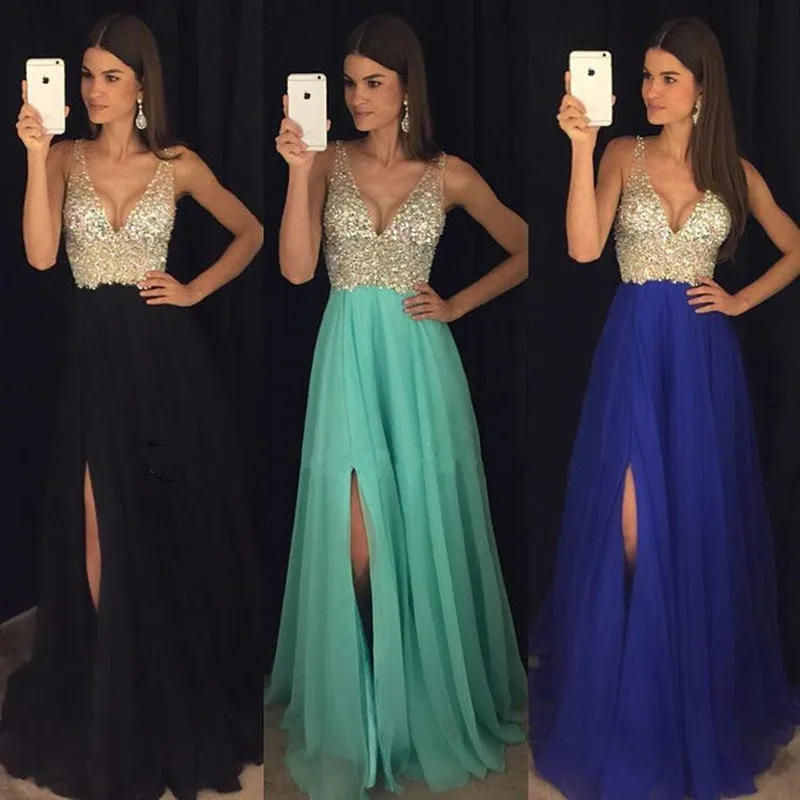 Sparkly Crystal Beaded V Neck Open Back Chiffon Prom Dresses With Left Slit, M7