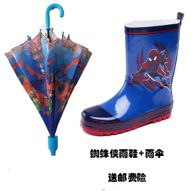 Spider man rain shoes儿童雨鞋雨衣雨伞套装男童蜘蛛侠时尚防滑卡通雨靴小孩水鞋学生鞋
