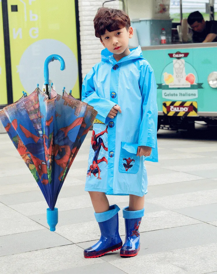 Spider man rain shoes儿童雨鞋雨衣雨伞套装男童蜘蛛侠时尚防滑卡通雨靴小孩水鞋学生鞋