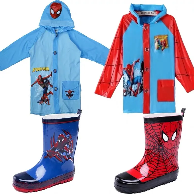 Spider man rain shoes儿童雨鞋雨衣雨伞套装男童蜘蛛侠时尚防滑卡通雨靴小孩水鞋学生鞋