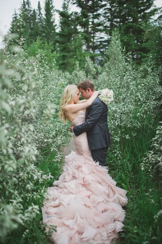 Sweetheart Mermaid Cheap Organza Beaded Waist Blush Wedding Dress Online