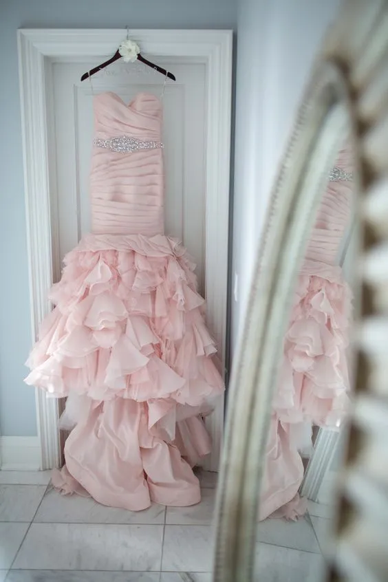 Sweetheart Mermaid Cheap Organza Beaded Waist Blush Wedding Dress Online
