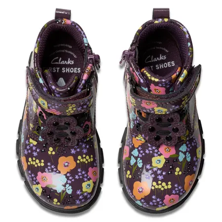UK 6 Plum Flowers Patent Evyn Boots