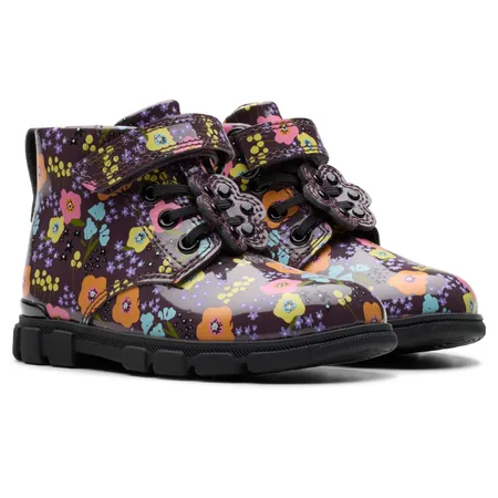 UK 6 Plum Flowers Patent Evyn Boots