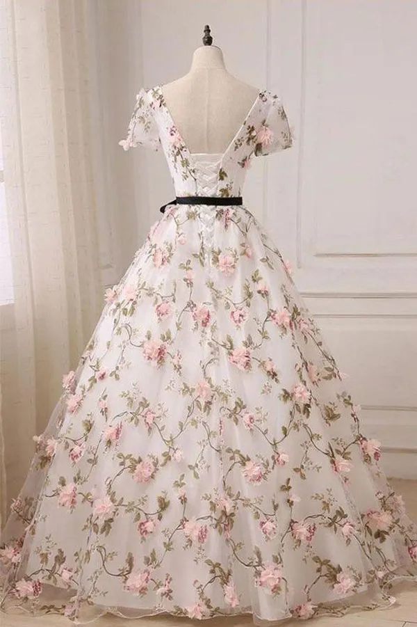 Unique A-line V-neck Ball Gown Floor-length Floral Lace Long Prom Dresses, SP396