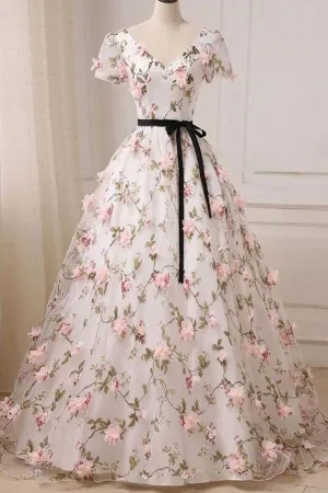 Unique A-line V-neck Ball Gown Floor-length Floral Lace Long Prom Dresses, SP396