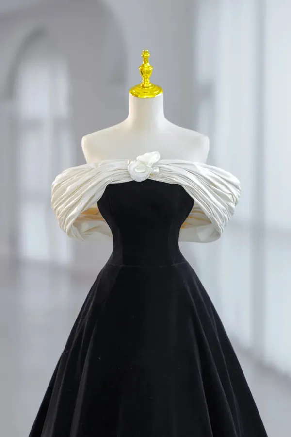 White and Black Velvet Short Prom Dress, Black Off Shoulder Evening Dress APP0811