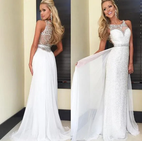 White Chiffon Sequins Prom Dresses Long,Back Crystal Beaded Long Prom Gowns,M25