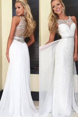 White Chiffon Sequins Prom Dresses Long,Back Crystal Beaded Long Prom Gowns,M25
