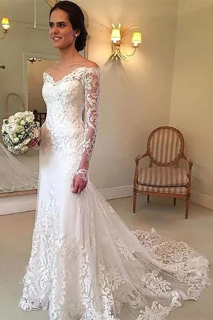 White Off Shoulder Lace Long Sleeves Wedding Dress Bridal Gown, SW93