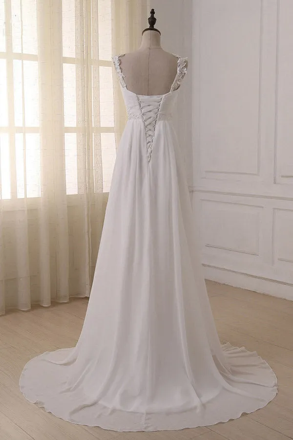White V Neck Chiffon Straps Wedding Dresses with Sweep Train, SW108