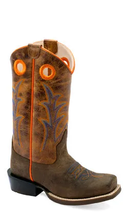YOUTH (4-7) DK BROWN BULL HIDE/BURNT BROWN SQ TOE COWBOY BOOT