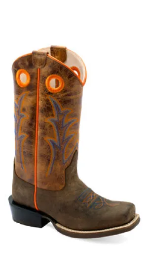 YOUTH (4-7) DK BROWN BULL HIDE/BURNT BROWN SQ TOE COWBOY BOOT