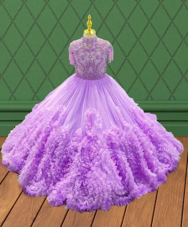 Youth Lilac Prom Couture With Heavey Beaded and Applique